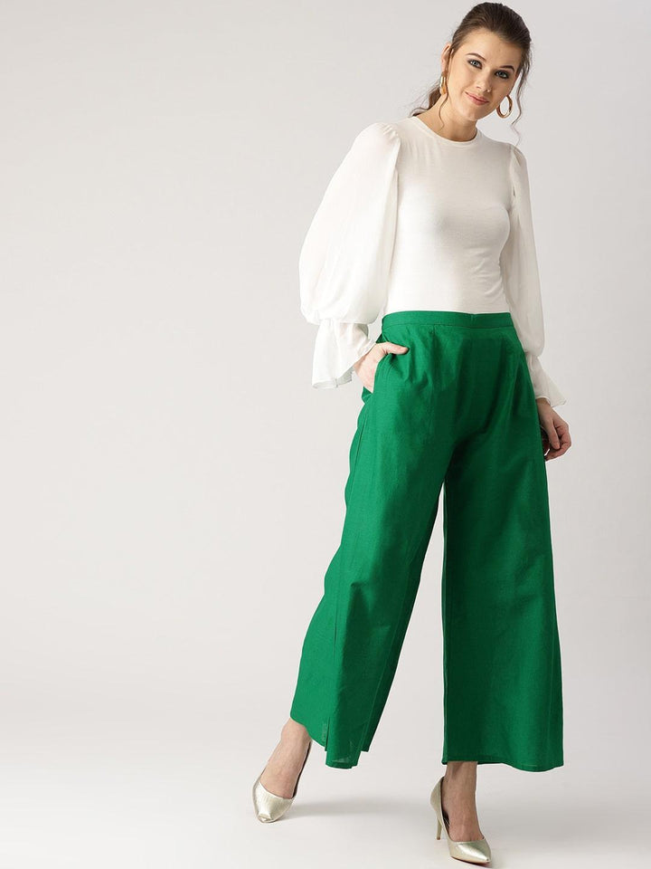 Green Solid Cotton Palazzos - ShopLibas