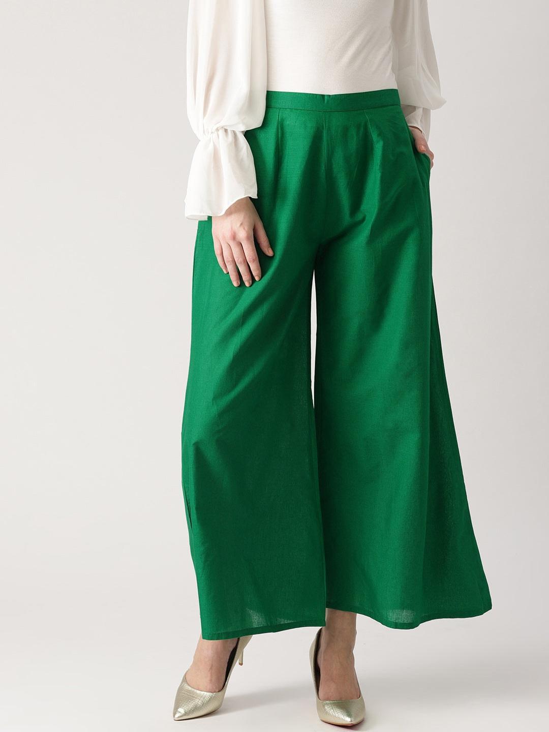 Green Solid Cotton Palazzos - ShopLibas