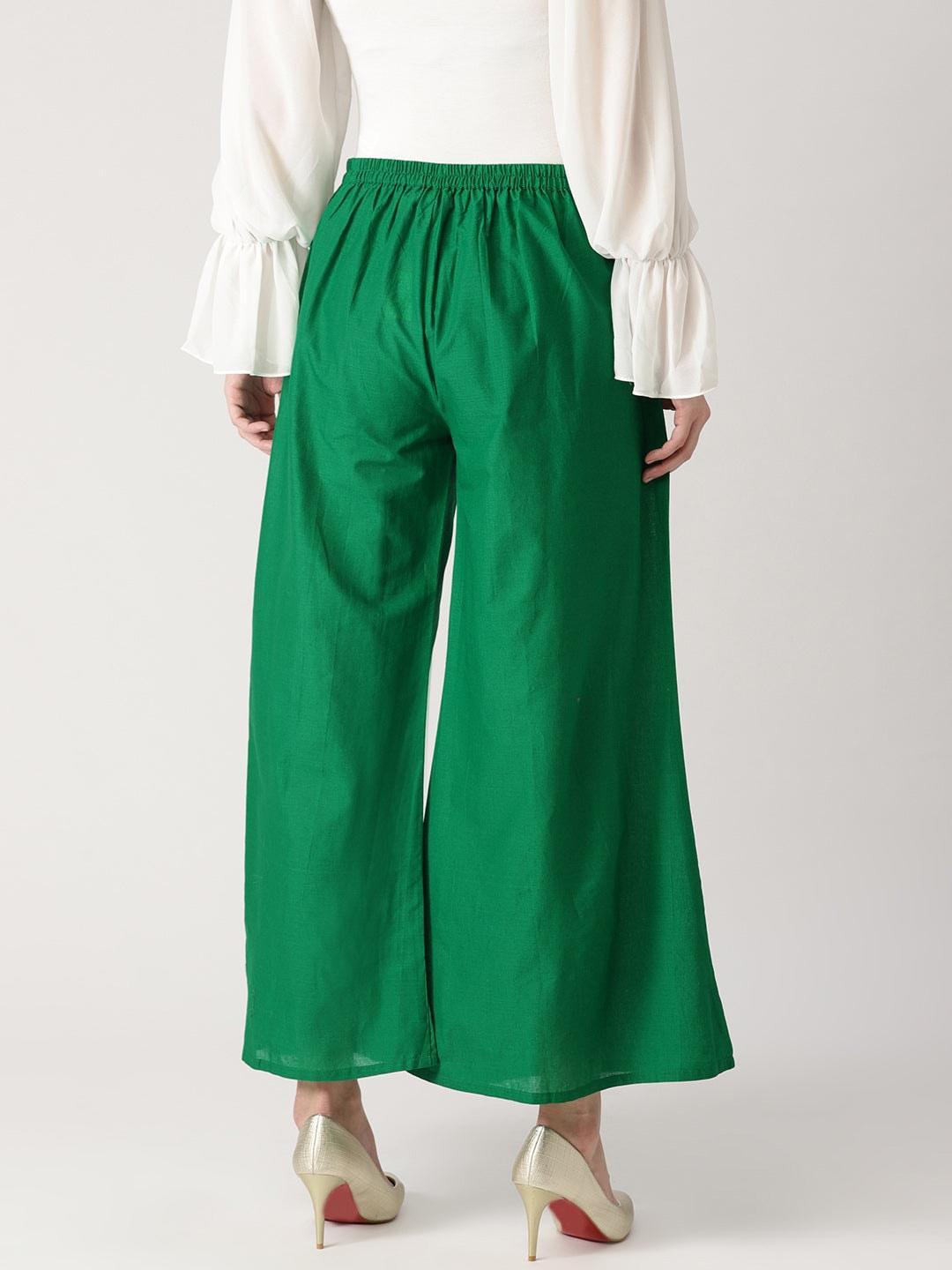 Green Solid Cotton Palazzos - ShopLibas