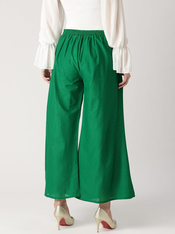 Green Solid Cotton Palazzos - ShopLibas