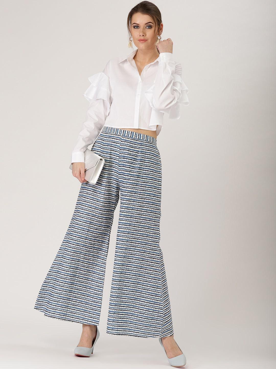 Blue Striped Cotton Palazzos - ShopLibas