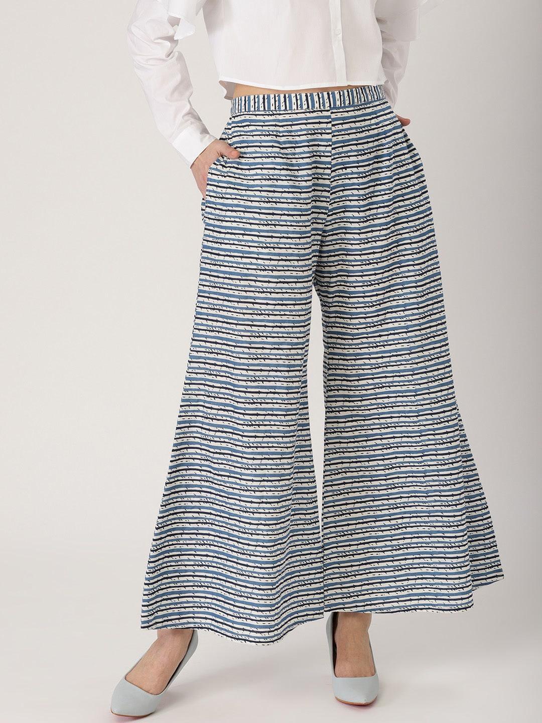 Blue Striped Cotton Palazzos - ShopLibas