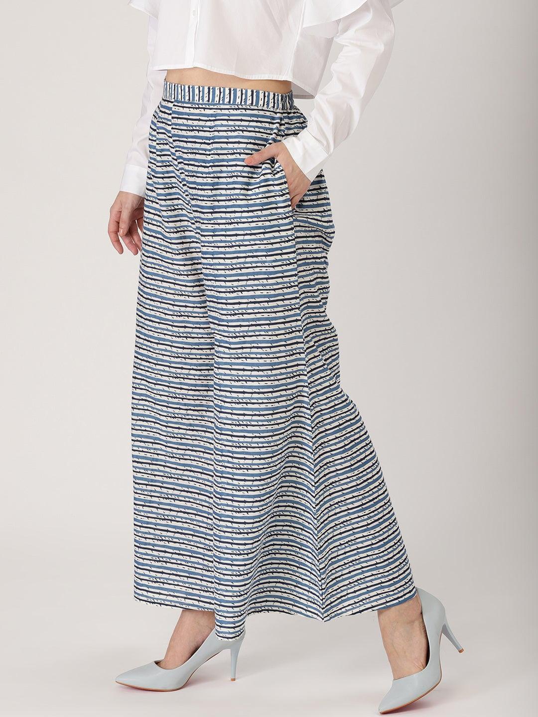 Blue Striped Cotton Palazzos - ShopLibas