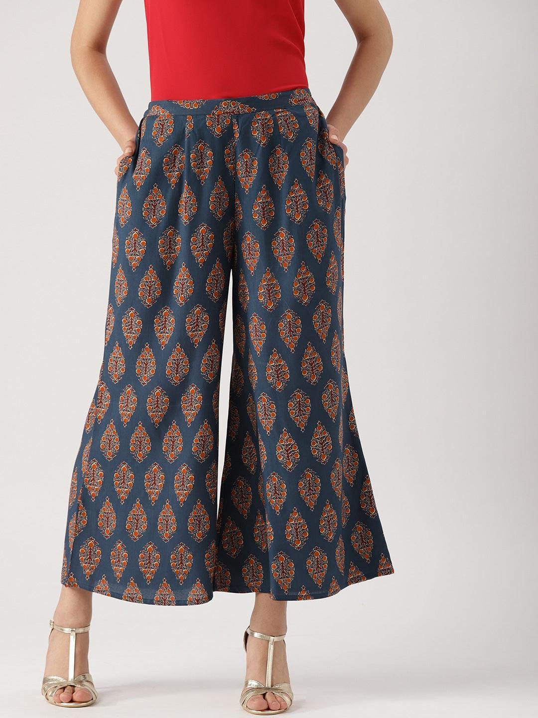 Blue Printed Cotton Palazzos - ShopLibas