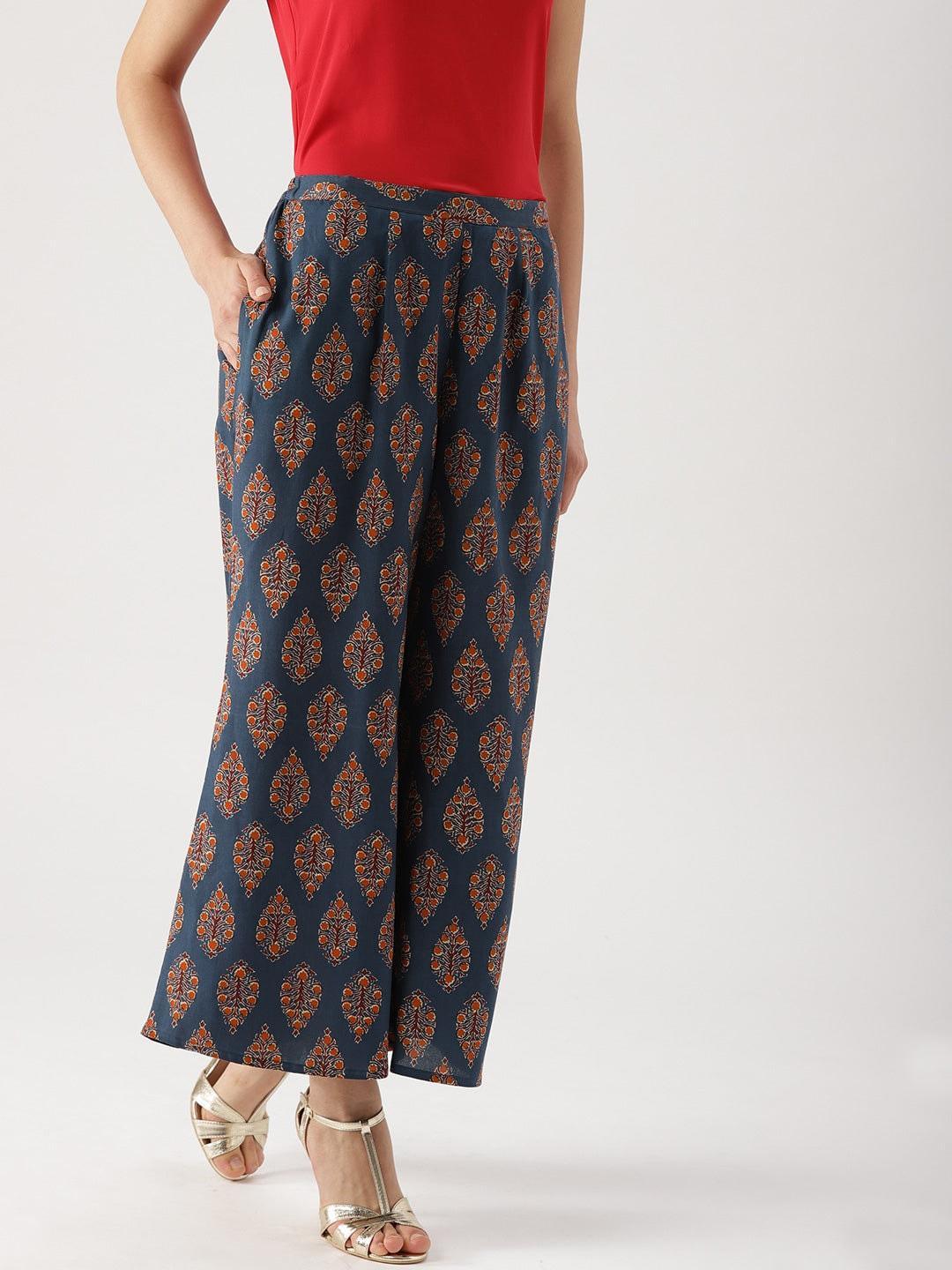 Blue Printed Cotton Palazzos - ShopLibas