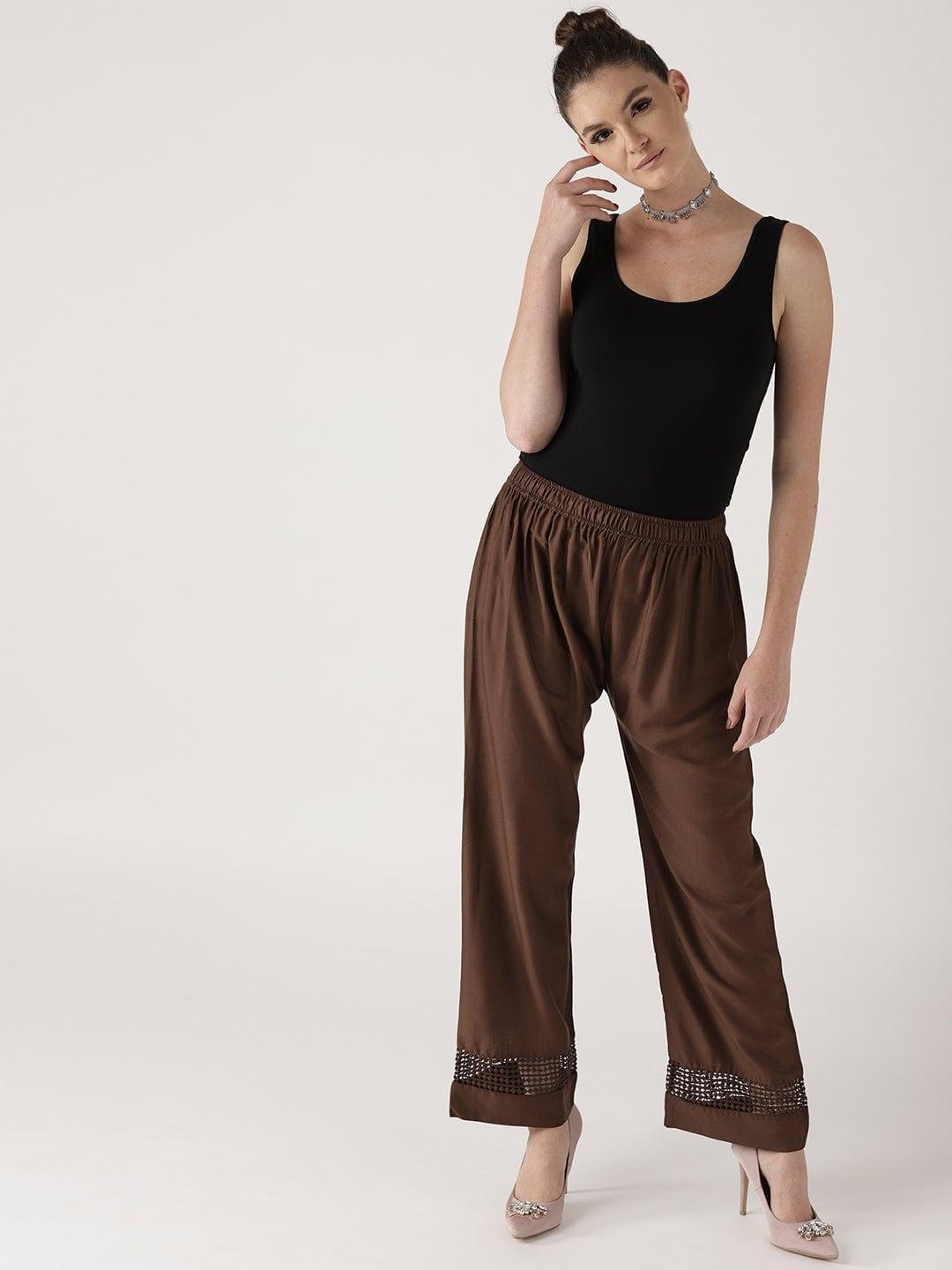 Brown Solid Rayon Palazzos - ShopLibas