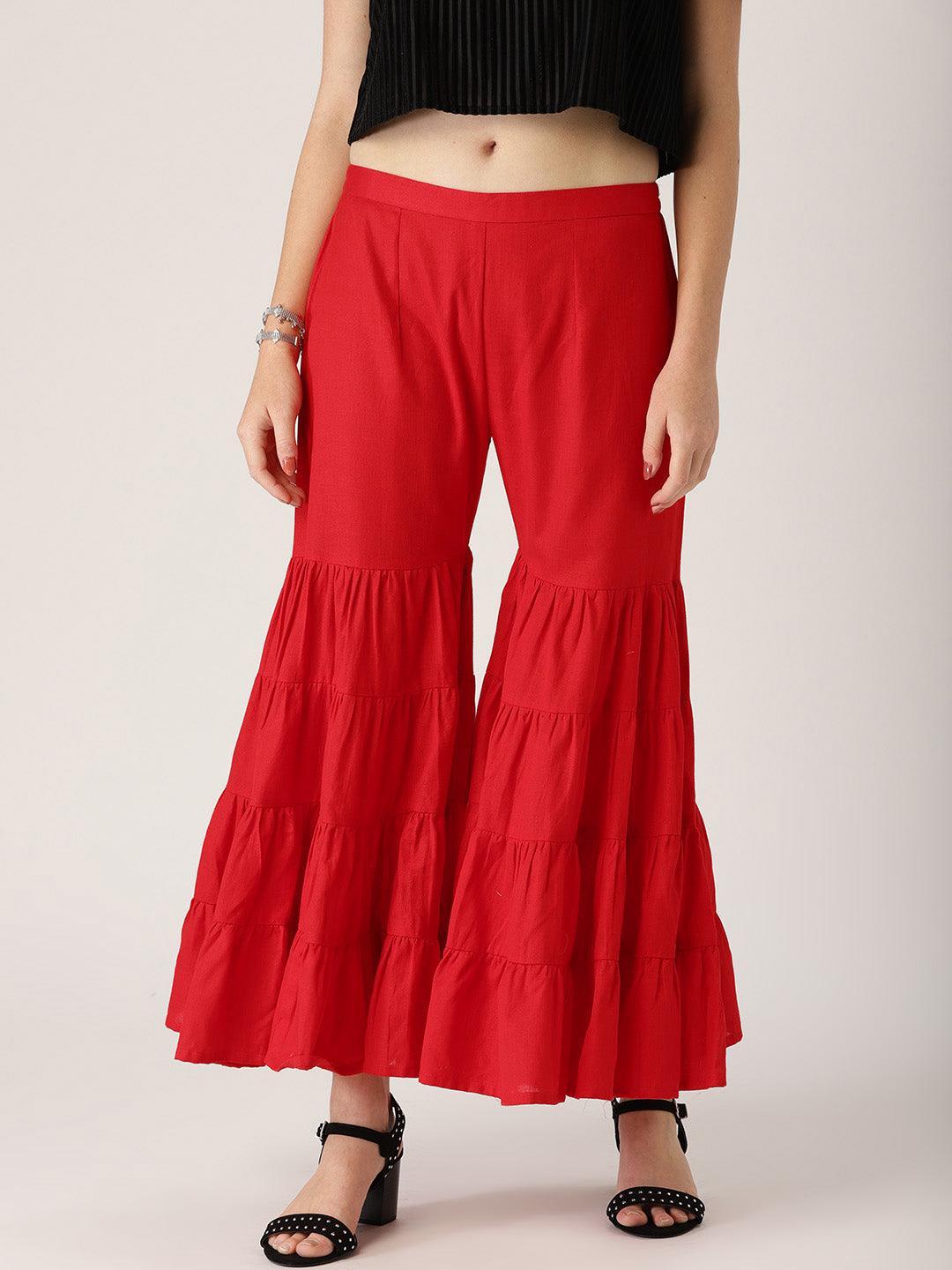 Red Solid Cotton Palazzos - ShopLibas