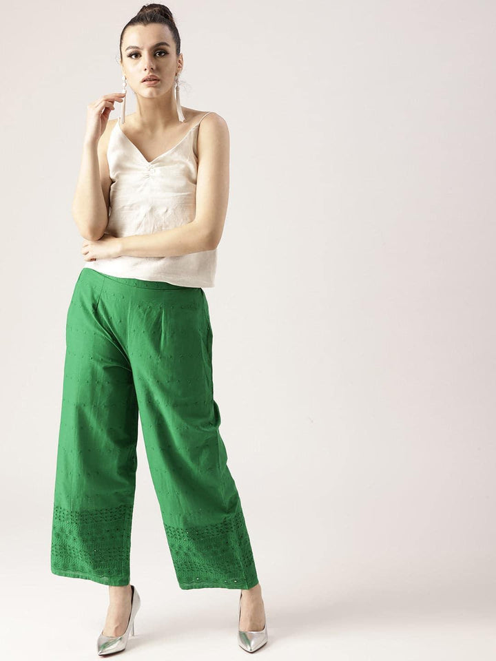 Green Solid Cotton Palazzos - ShopLibas