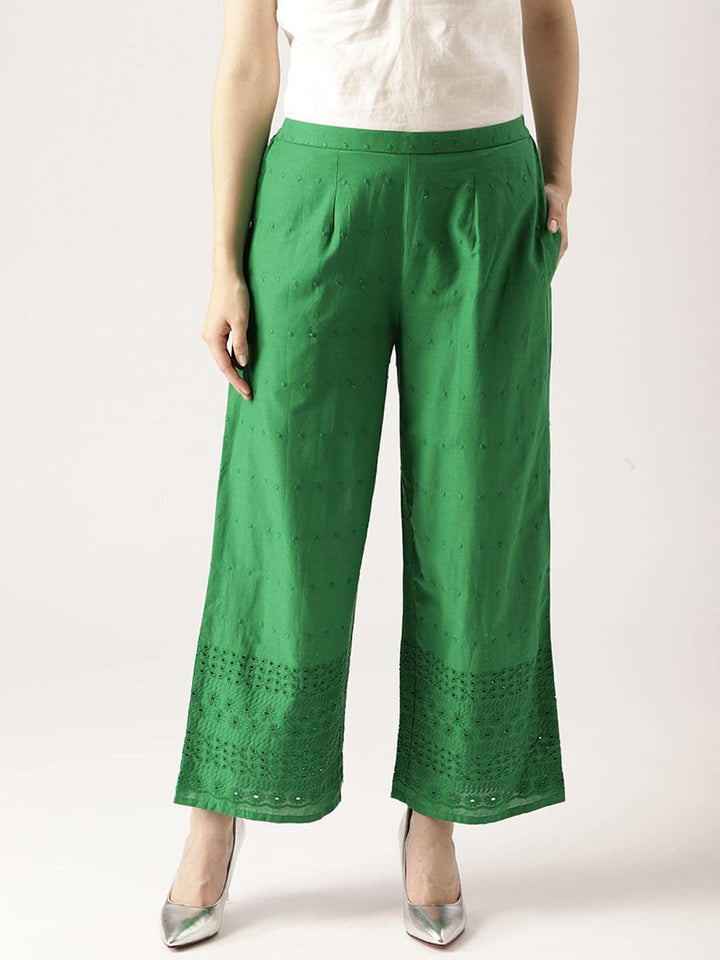 Green Solid Cotton Palazzos - ShopLibas