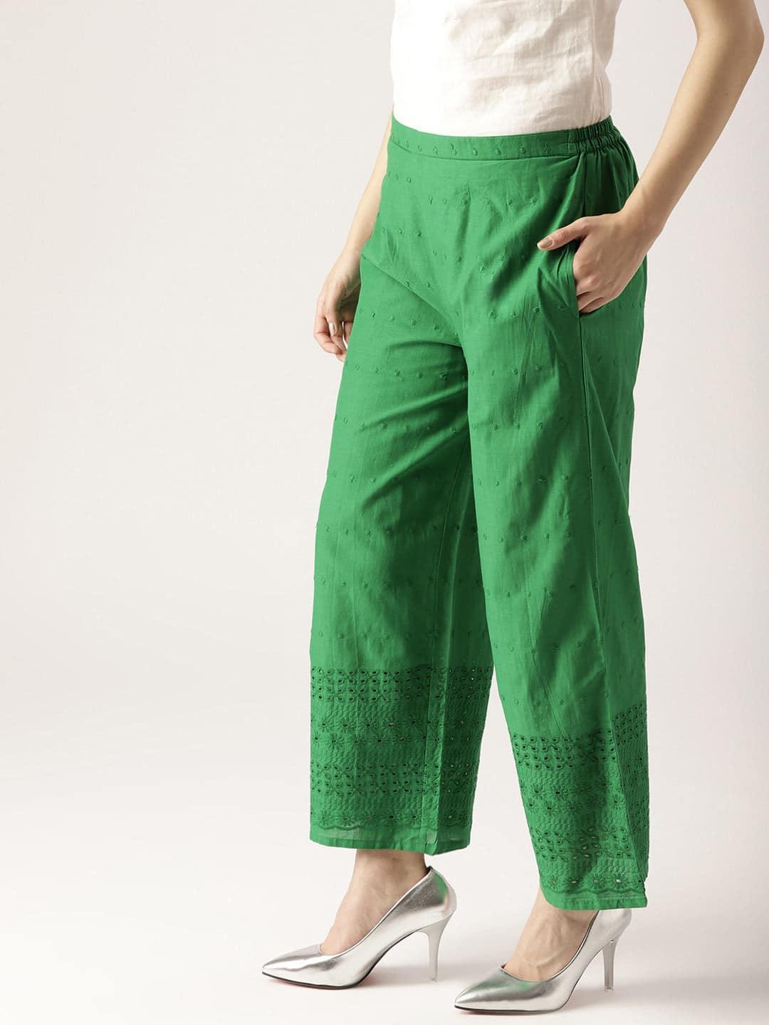 Green Solid Cotton Palazzos - ShopLibas