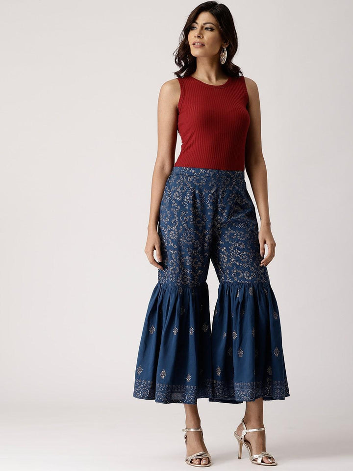 Blue Printed Rayon Sharara Pants - ShopLibas