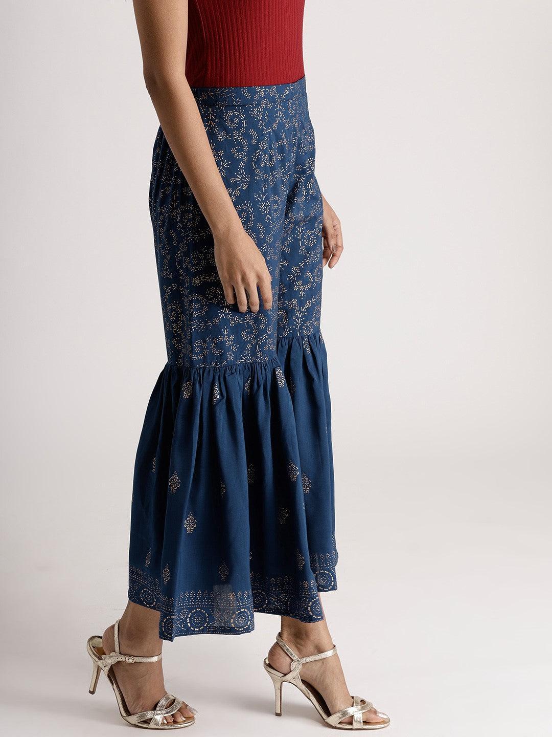 Blue Printed Rayon Sharara Pants - ShopLibas