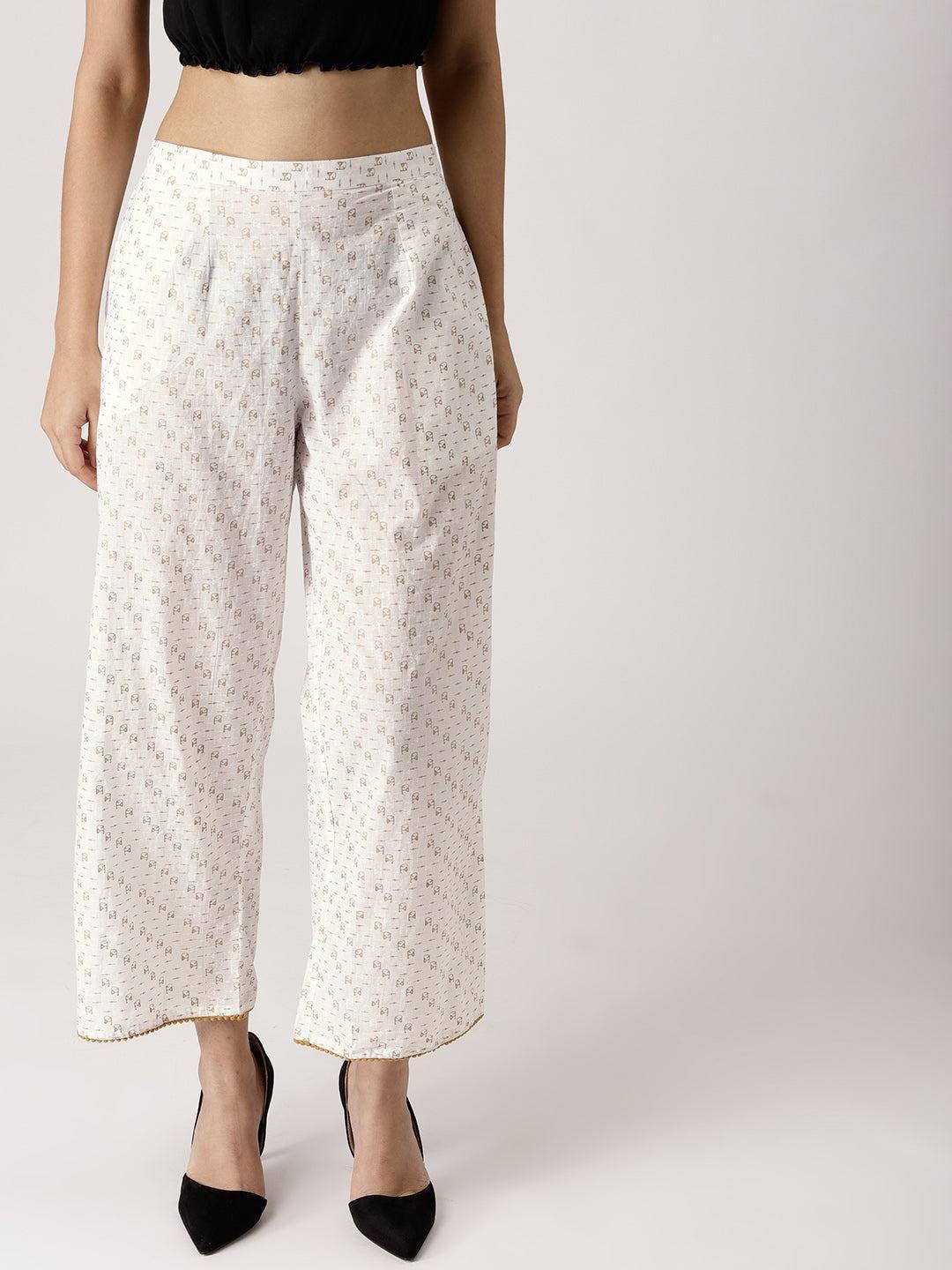 White Abstract Cotton Palazzos - ShopLibas