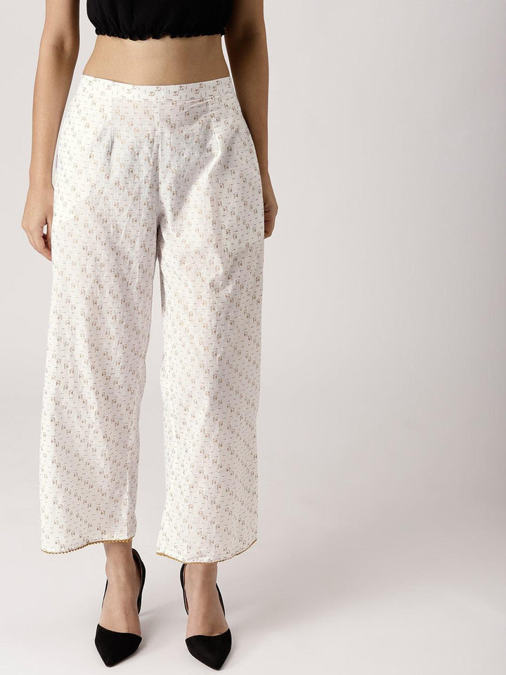 White Abstract Cotton Palazzos - ShopLibas