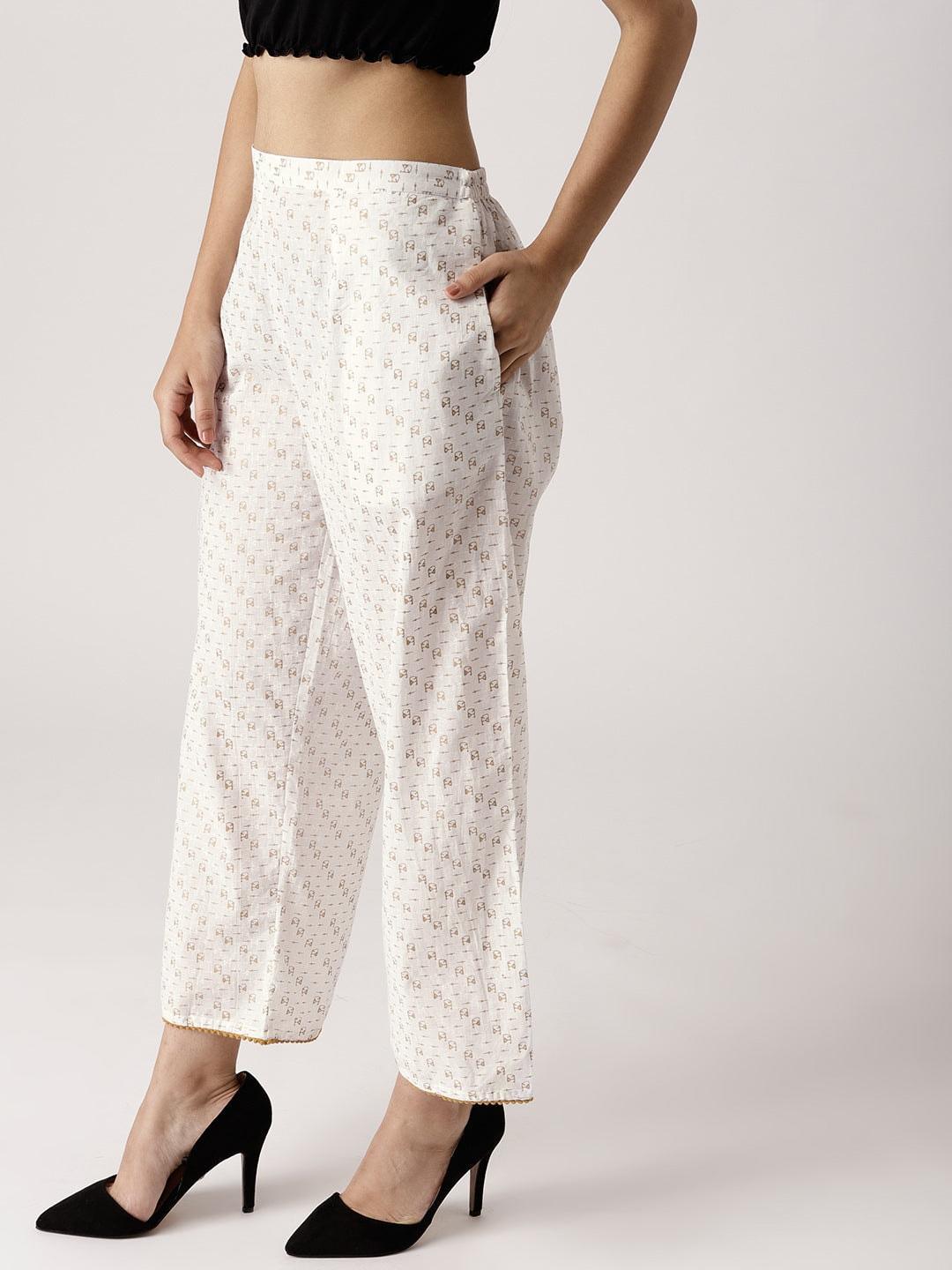 White Abstract Cotton Palazzos - ShopLibas