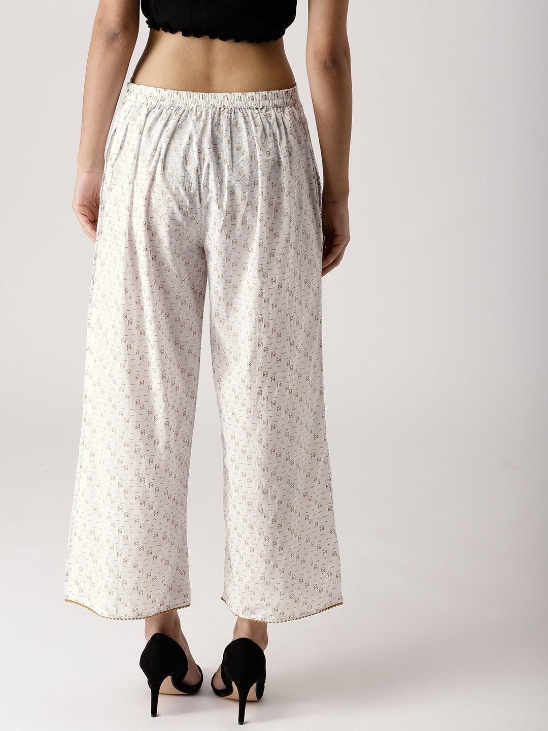 White Abstract Cotton Palazzos - ShopLibas