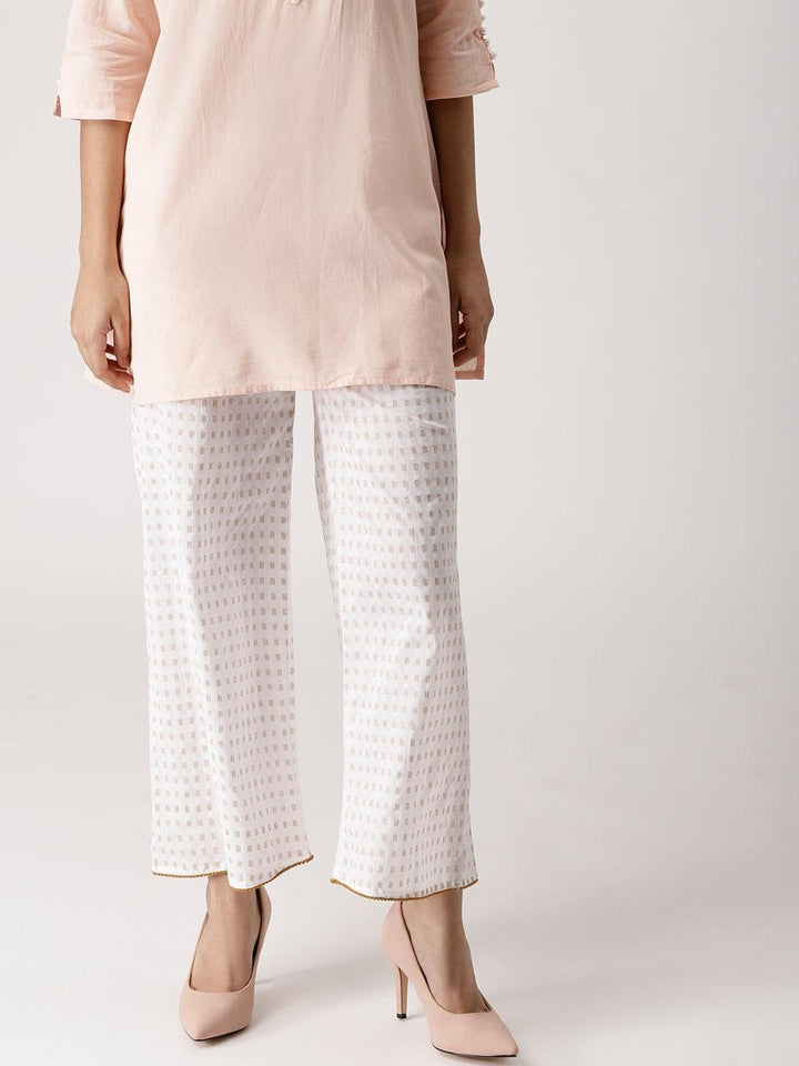 White Abstract Cotton Palazzos - ShopLibas