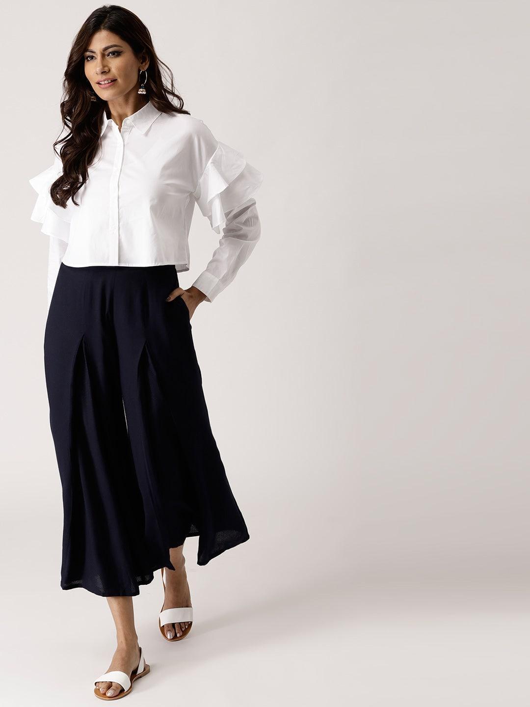 Navy Blue Solid Rayon Palazzos - ShopLibas