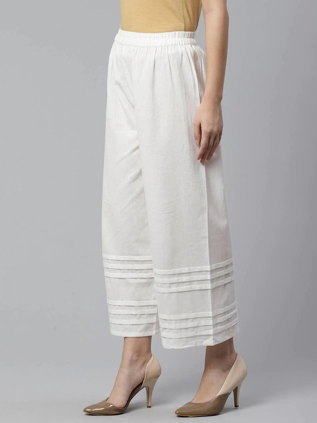 Off-White Solid Cotton Palazzos - ShopLibas