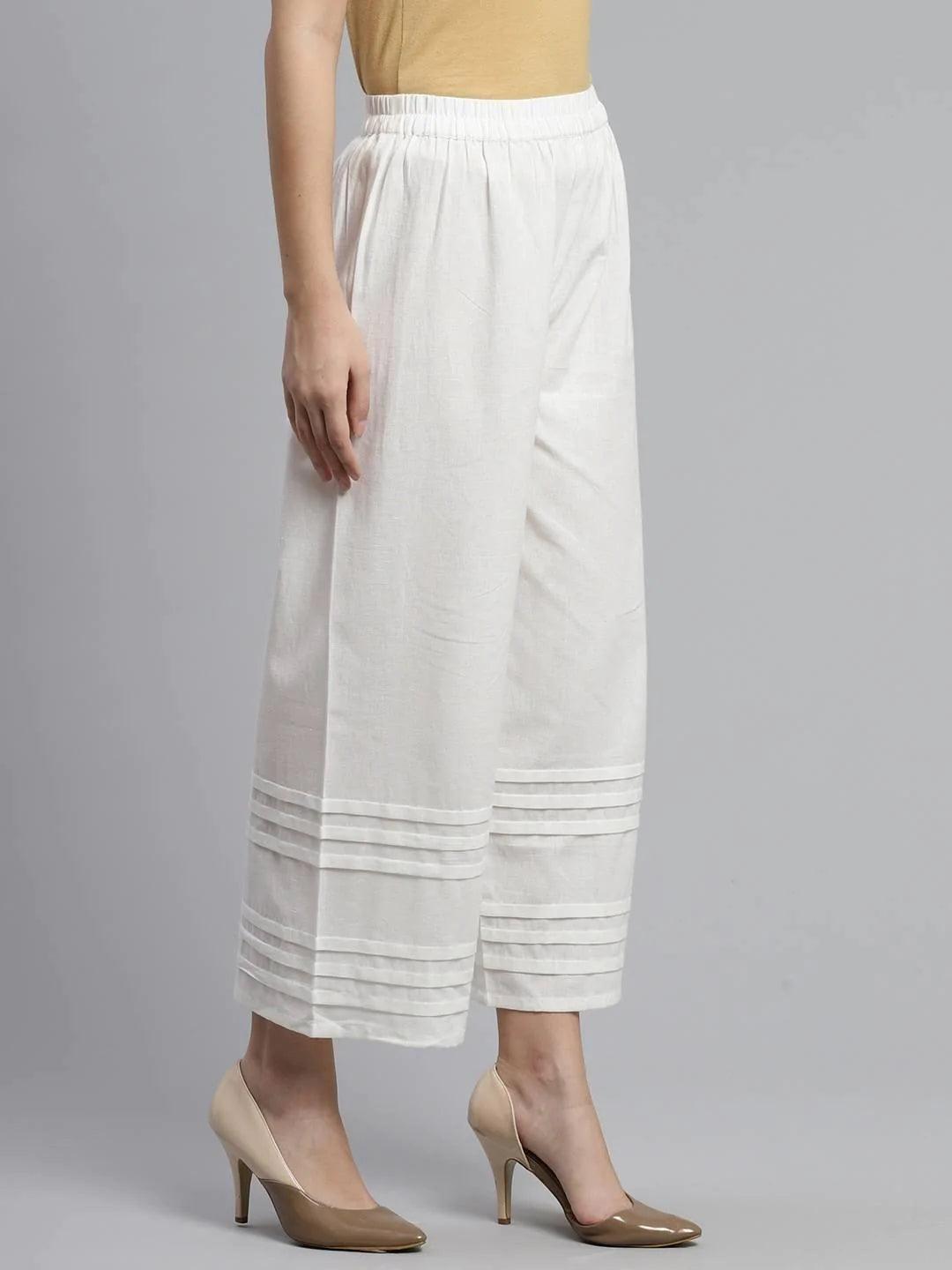 Off-White Solid Cotton Palazzos - ShopLibas