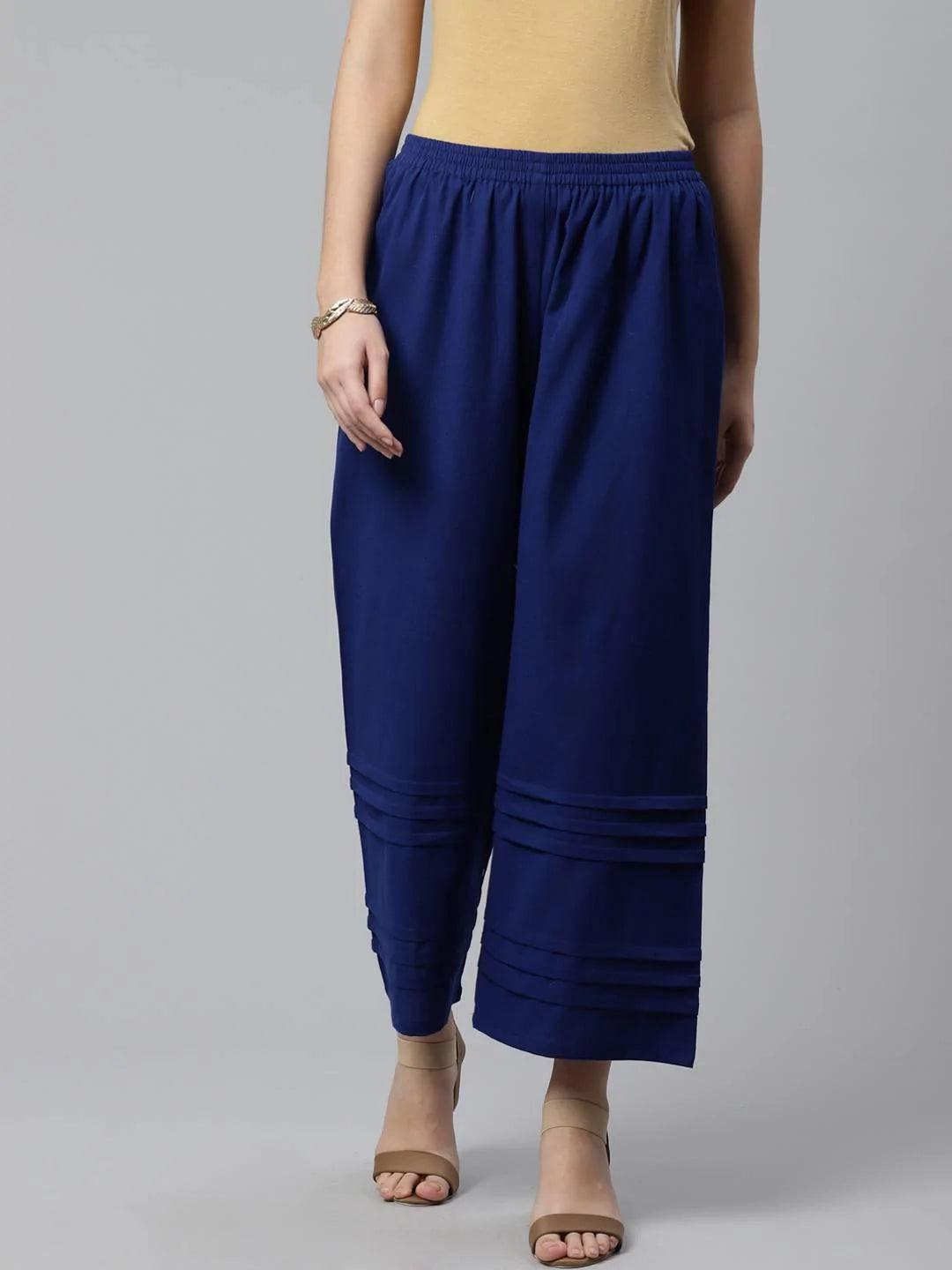 Blue Solid Cotton Palazzos - ShopLibas