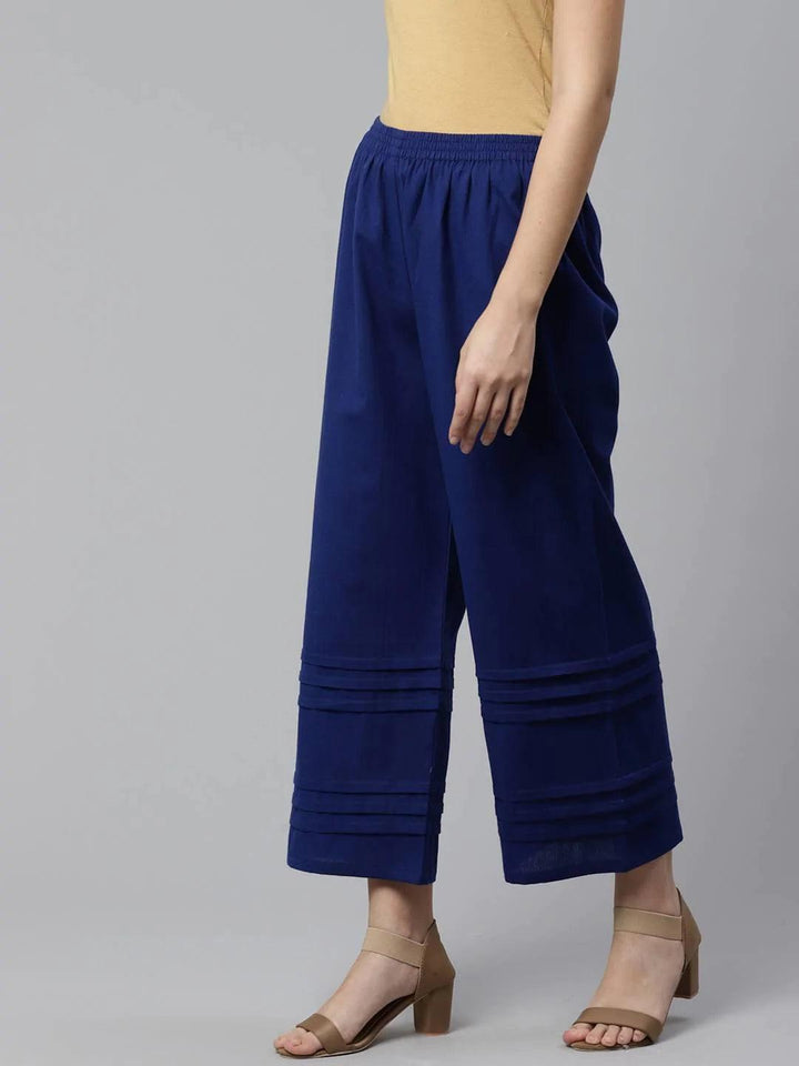 Blue Solid Cotton Palazzos - ShopLibas