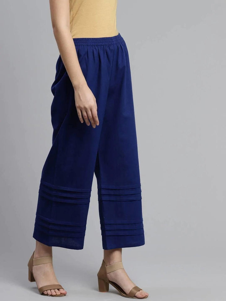 Blue Solid Cotton Palazzos - ShopLibas