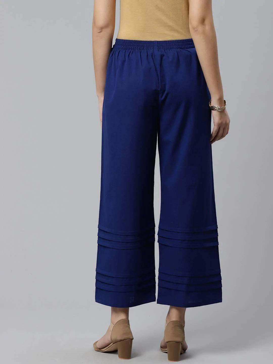 Blue Solid Cotton Palazzos - ShopLibas