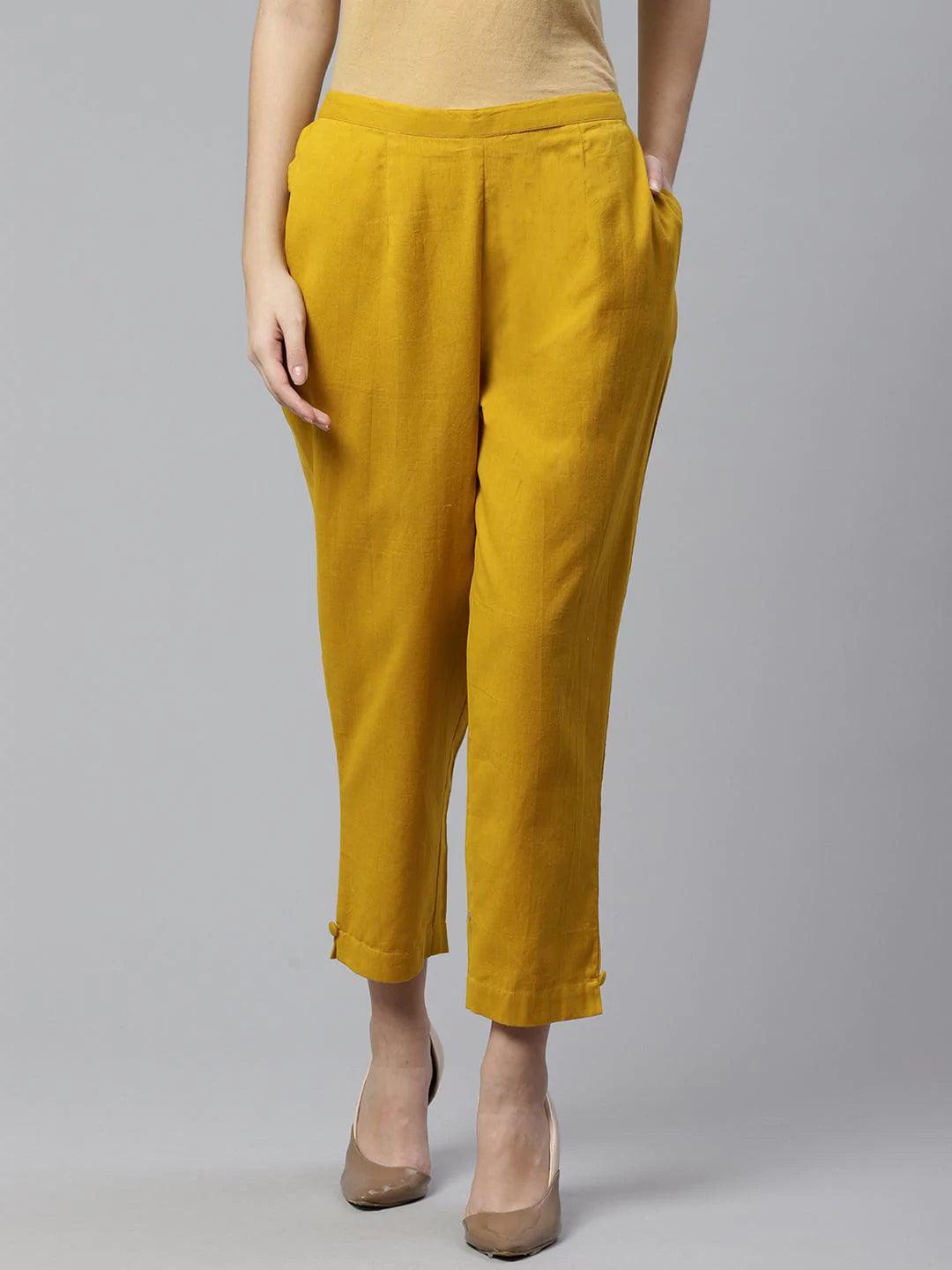 Yellow Solid Cotton Trousers - ShopLibas