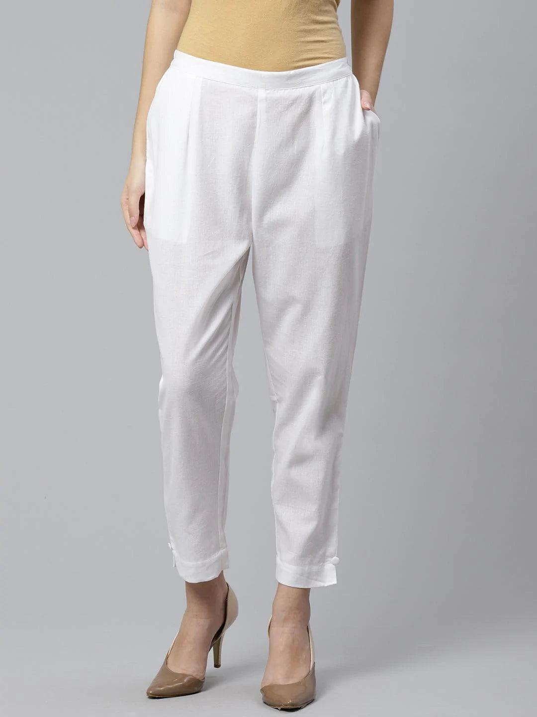 White Solid Cotton Trousers - ShopLibas