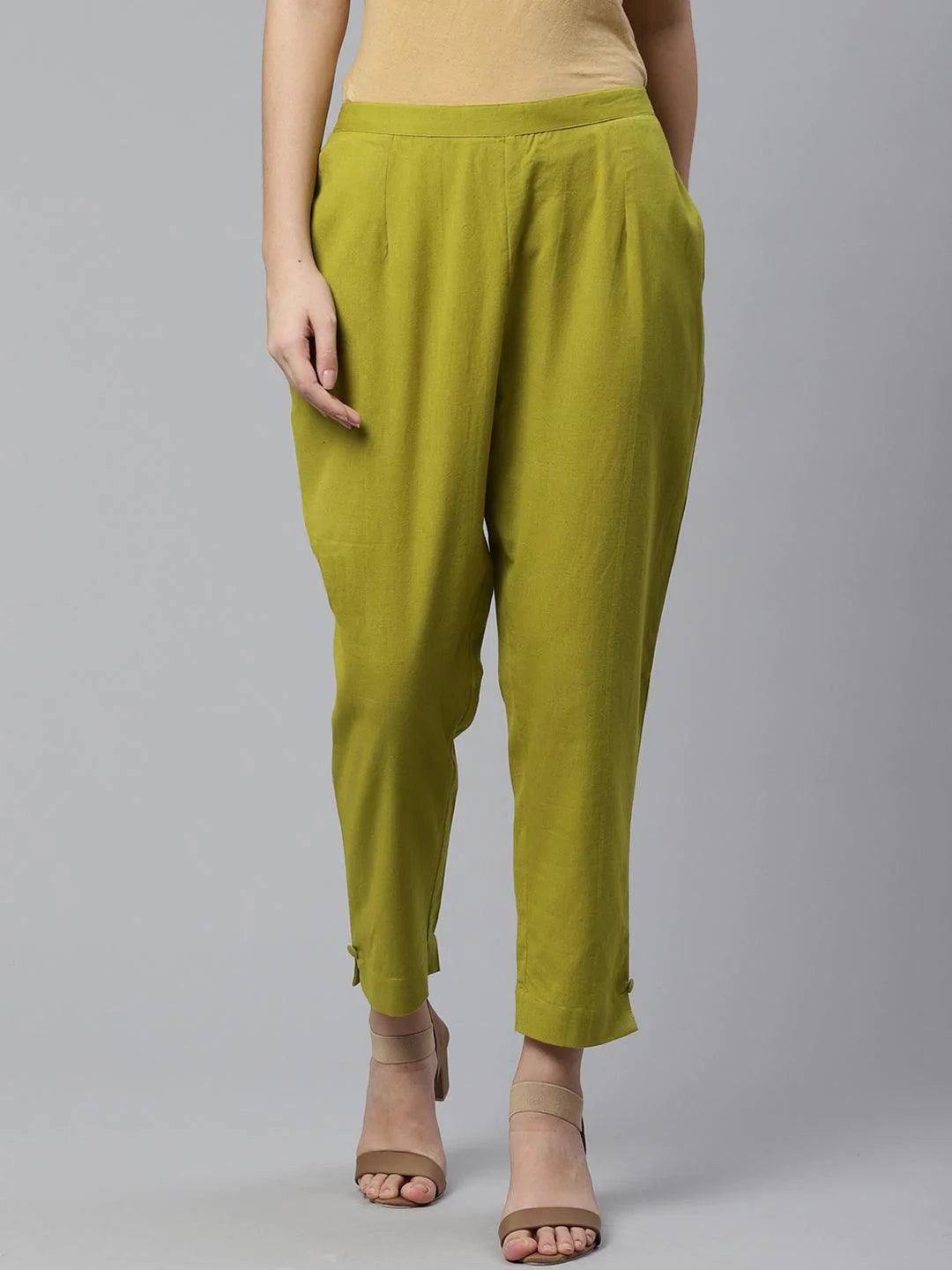 Green Solid Cotton Trousers - ShopLibas