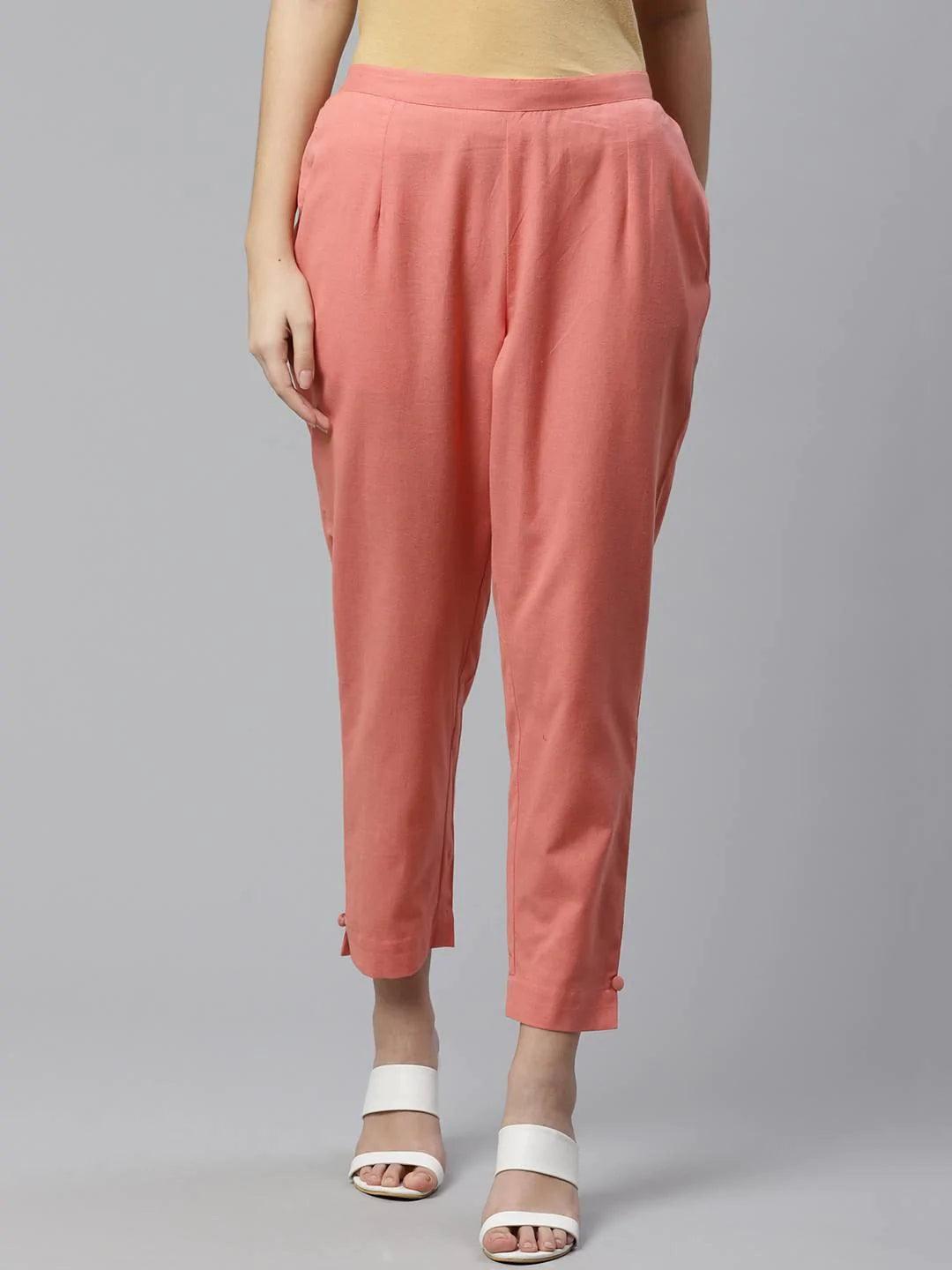 Peach Solid Cotton Trousers - ShopLibas