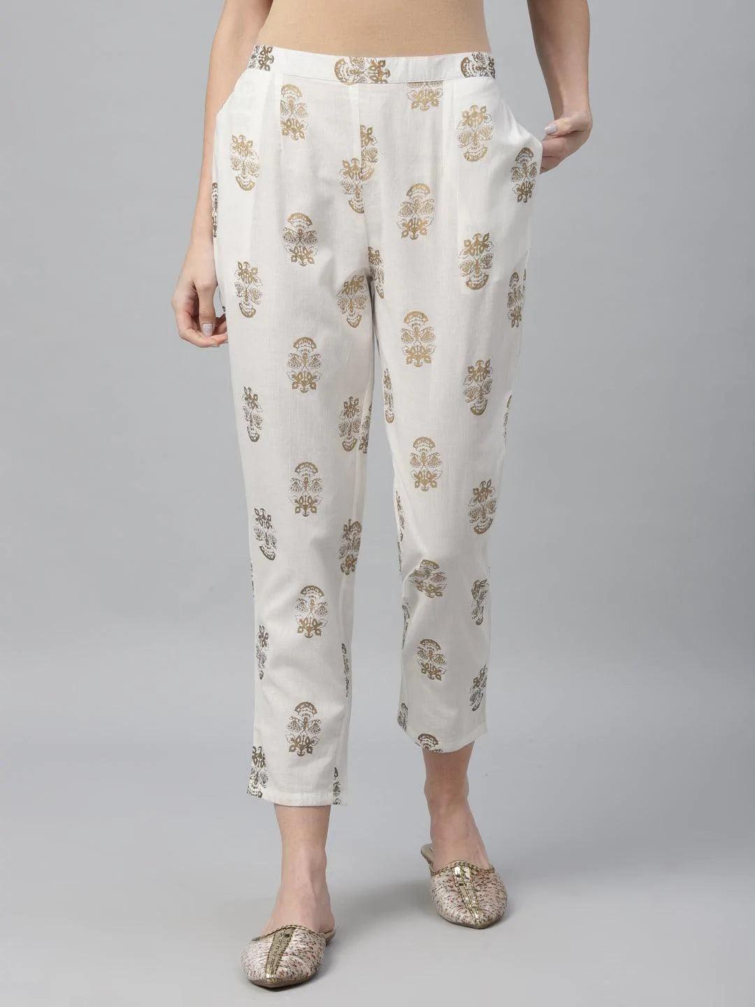 White Printed Cotton Trousers - ShopLibas