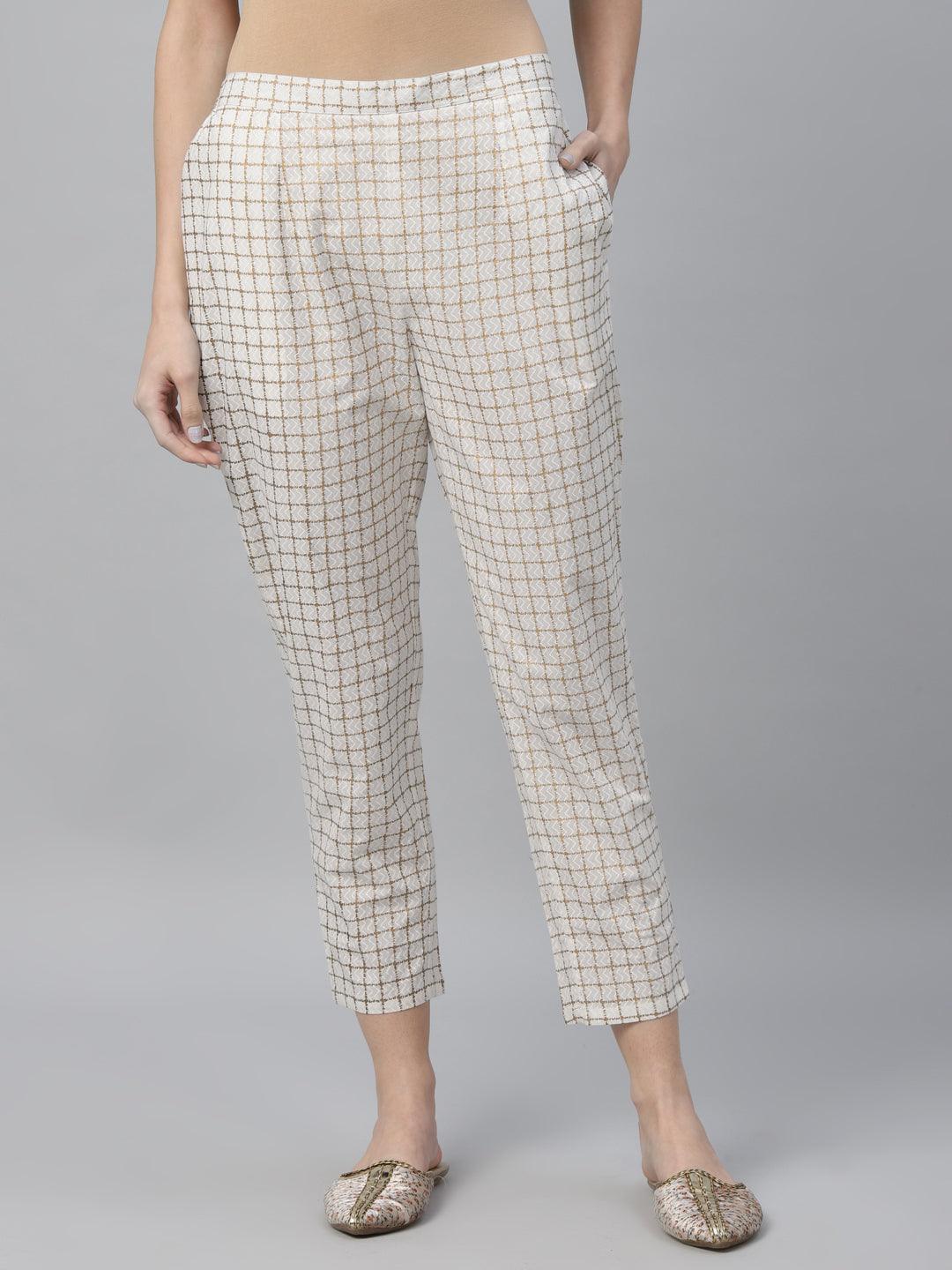 White Checkered Cotton Trousers - ShopLibas