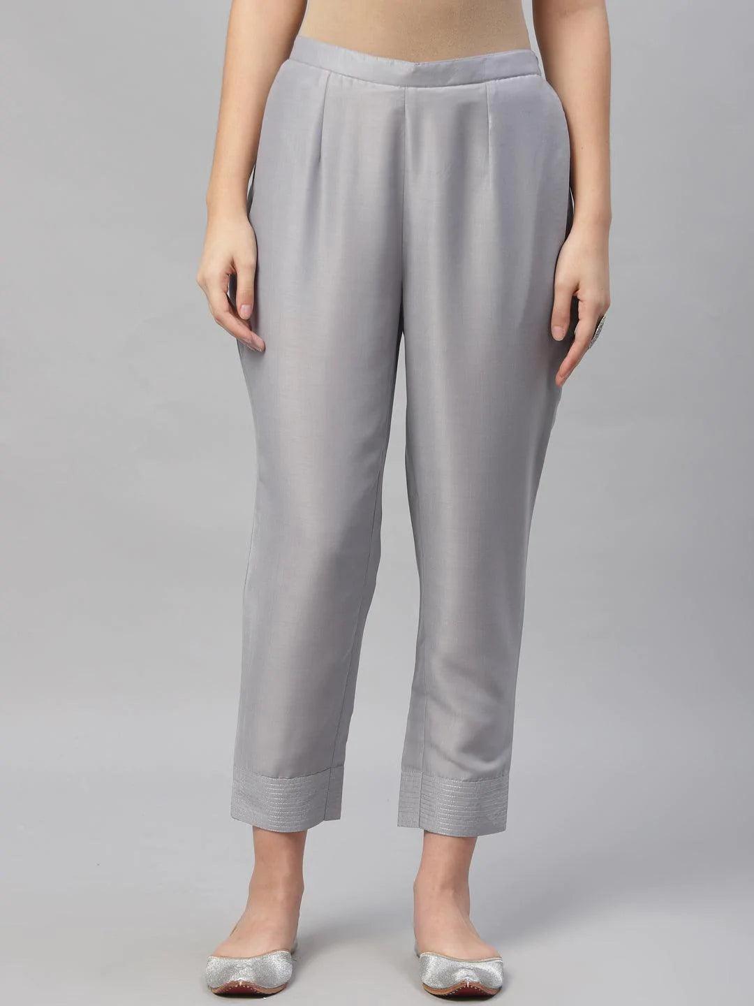 Grey Solid Crepe Trousers - ShopLibas