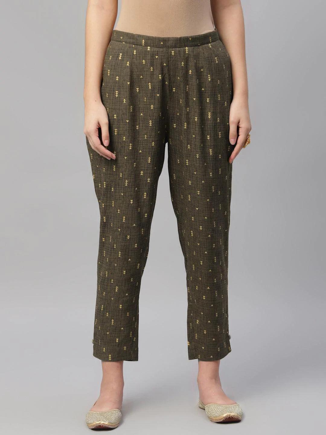 Olive Green Printed Cotton Trousers - ShopLibas