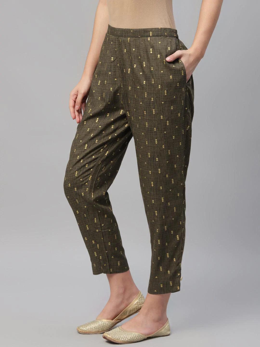 Olive Green Printed Cotton Trousers - ShopLibas