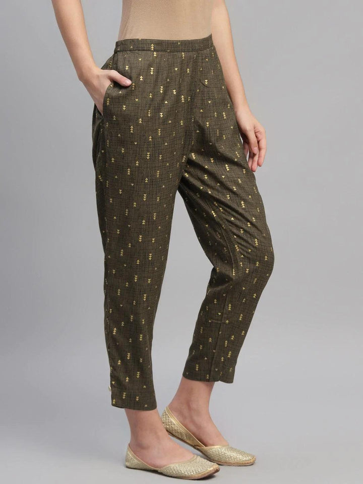 Olive Green Printed Cotton Trousers - ShopLibas