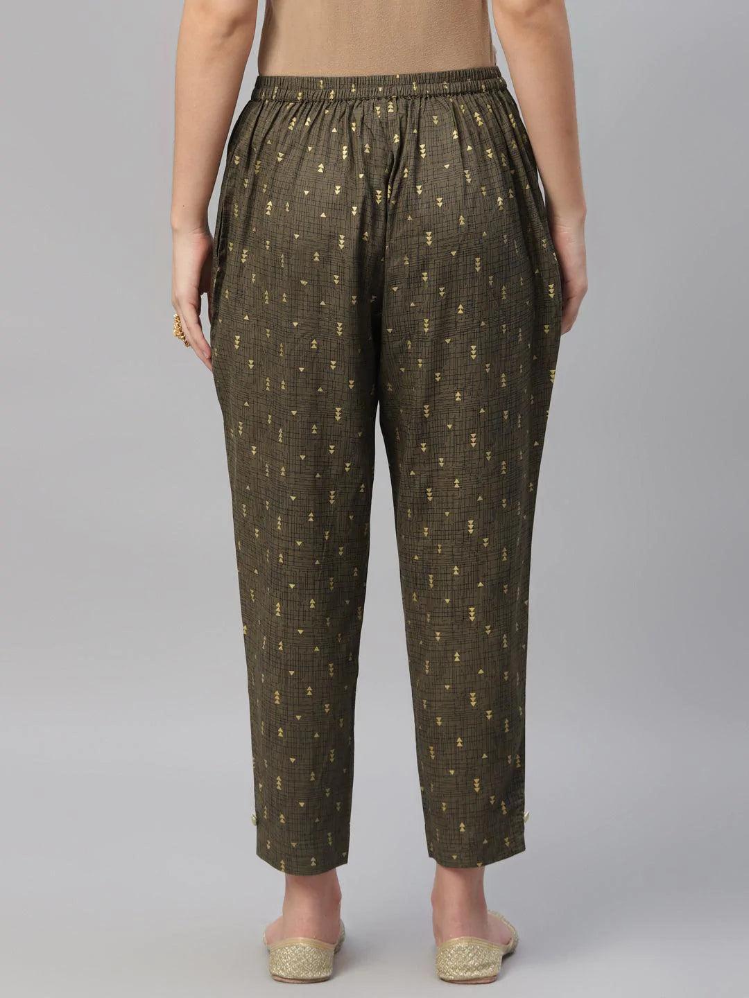 Olive Green Printed Cotton Trousers - ShopLibas