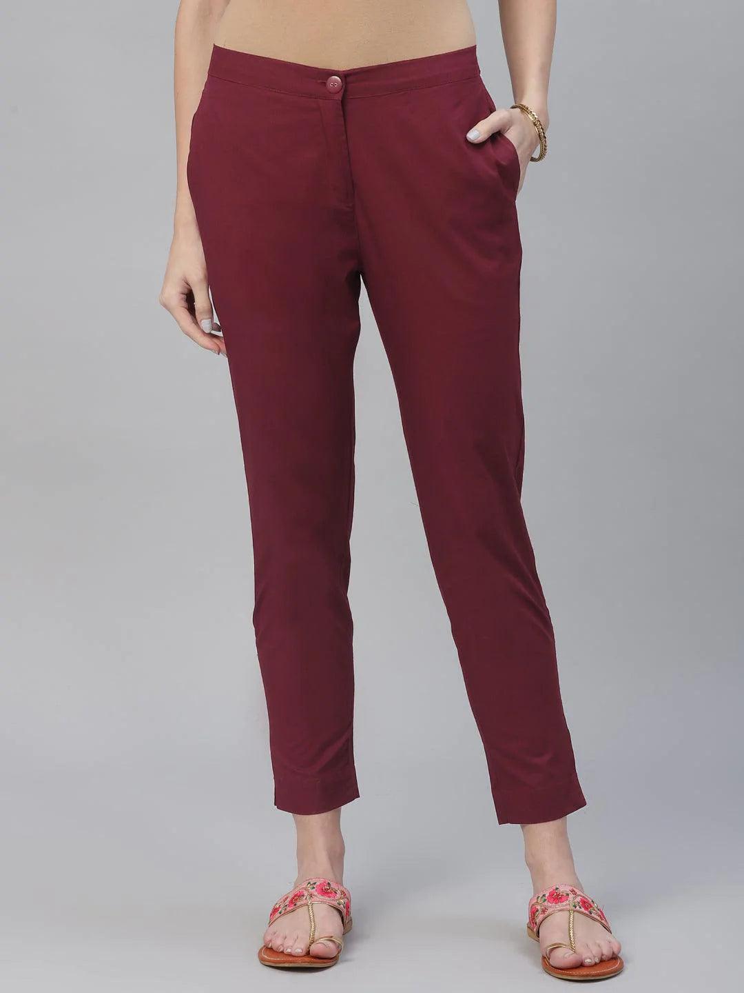 Maroon Solid Cotton Trousers - ShopLibas