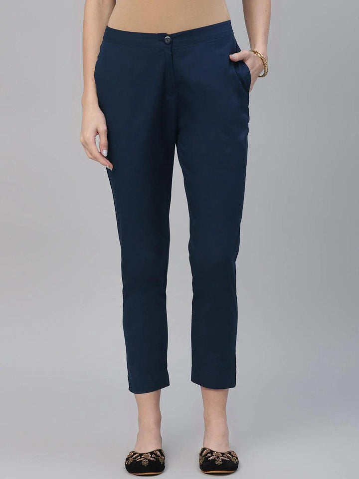 Blue Solid Cotton Trousers - ShopLibas