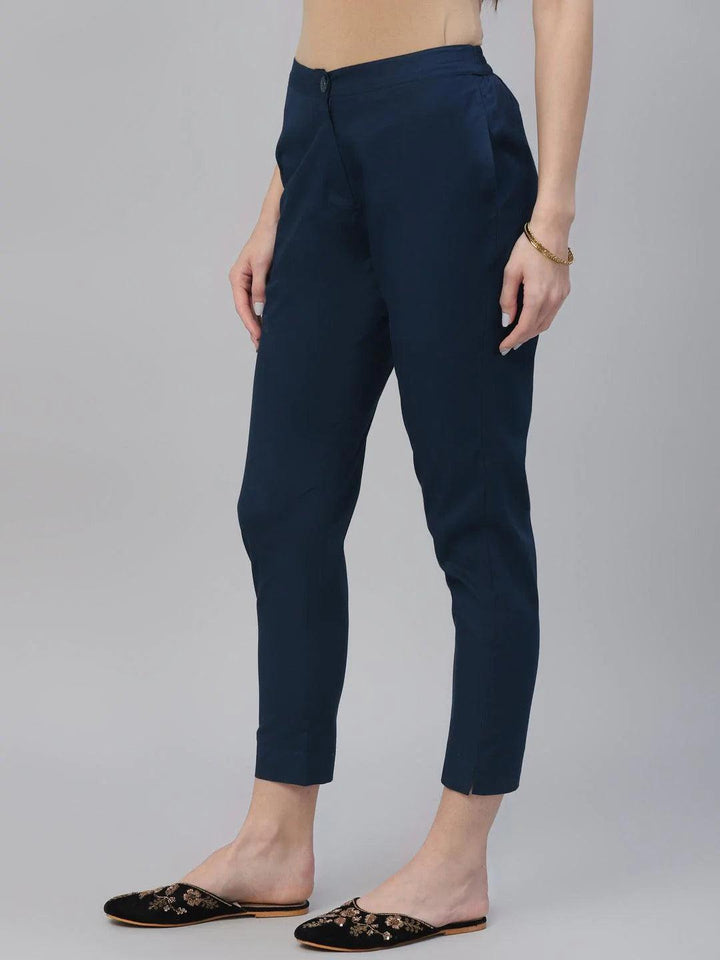 Blue Solid Cotton Trousers - ShopLibas