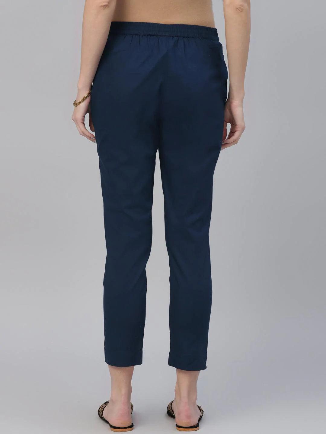 Blue Solid Cotton Trousers - ShopLibas