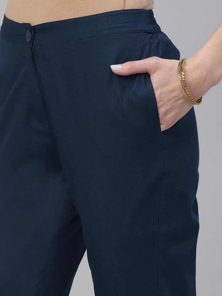 Blue Solid Cotton Trousers - ShopLibas