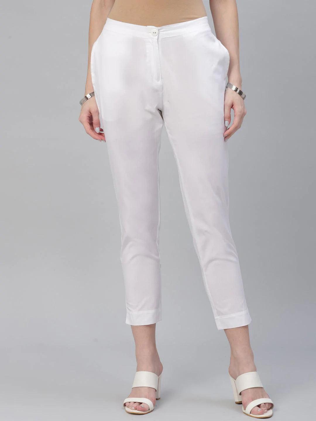 White Solid Cotton Trousers - ShopLibas