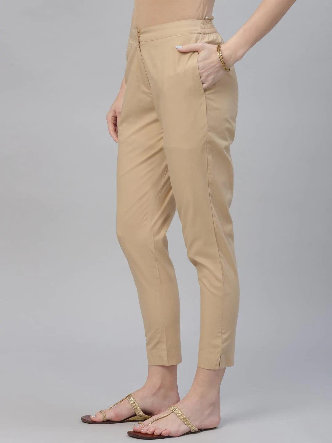 Beige Solid Cotton Trousers - ShopLibas