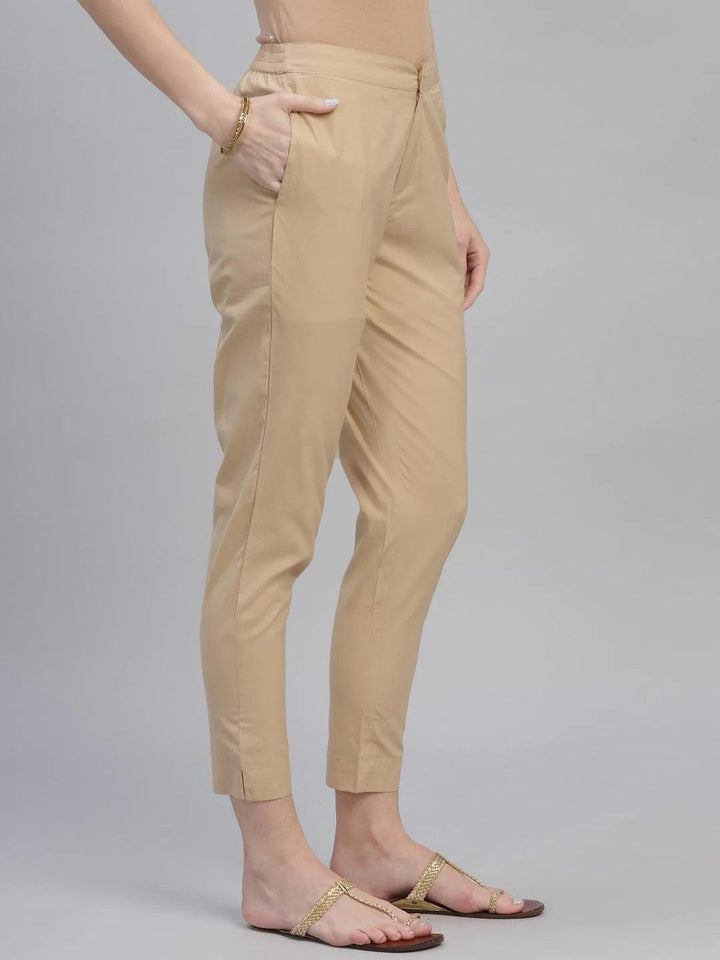 Beige Solid Cotton Trousers - ShopLibas