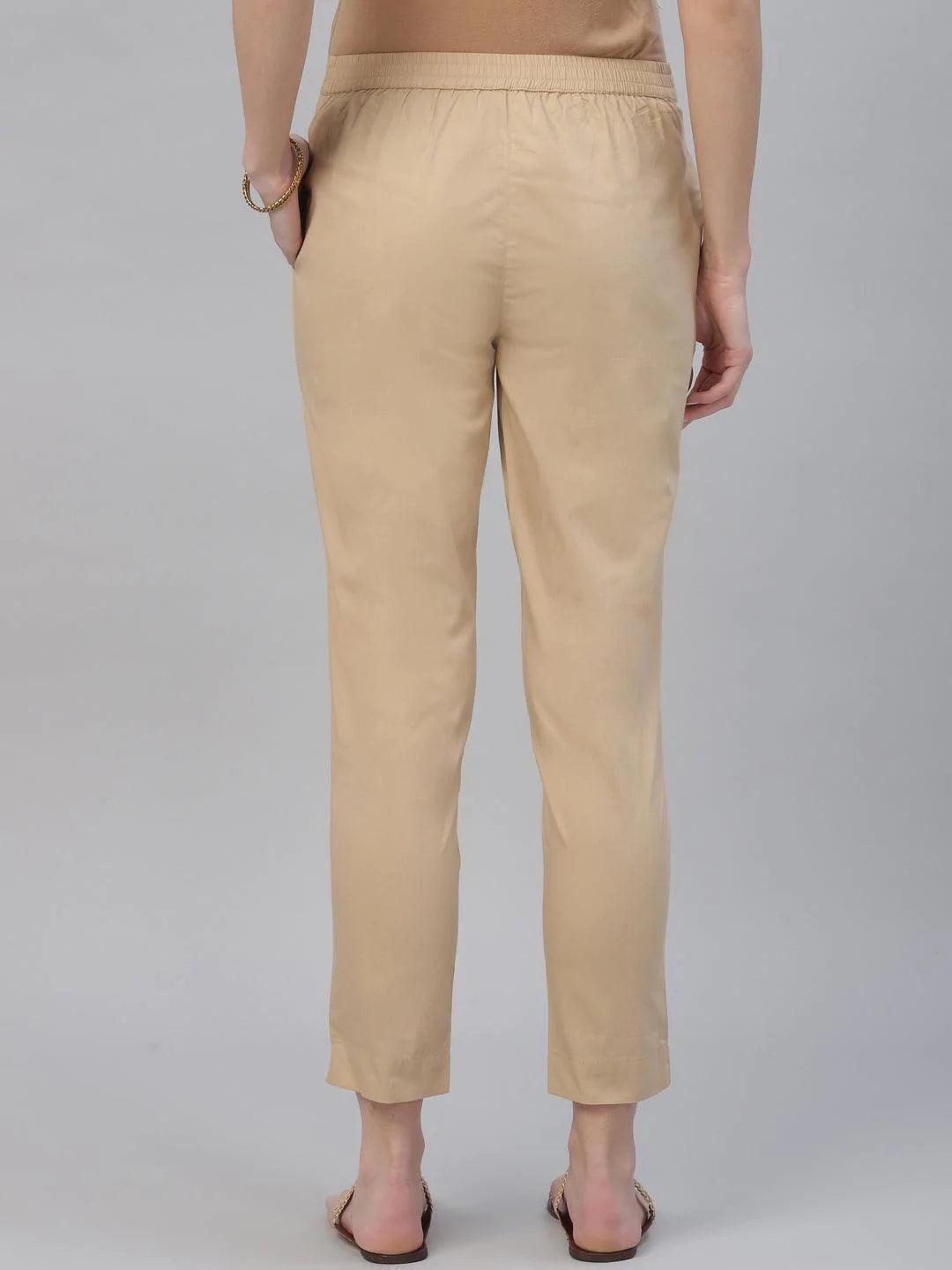 Beige Solid Cotton Trousers - ShopLibas