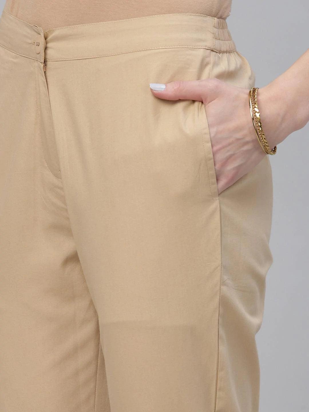 Beige Solid Cotton Trousers - ShopLibas