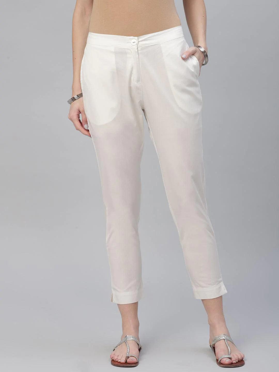 Cream Solid Cotton Trousers - ShopLibas